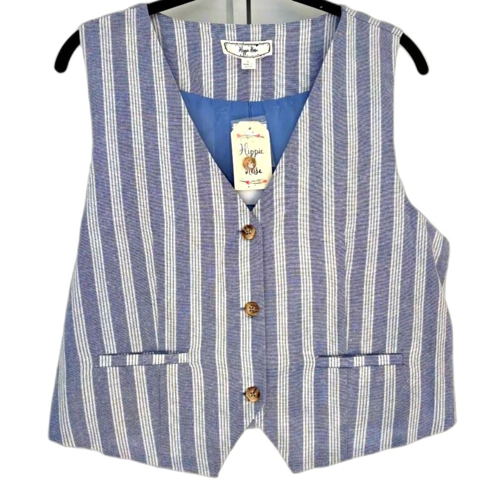 NWT Blue Striped Linen Blend Vest Top | Coastal Festival Chic